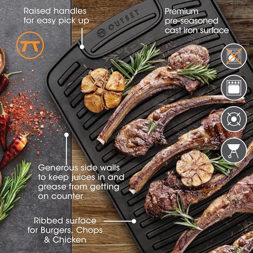 Outset Cast Iron Grill Pan With Ridges 8.5” x 14.25” x 1.5”