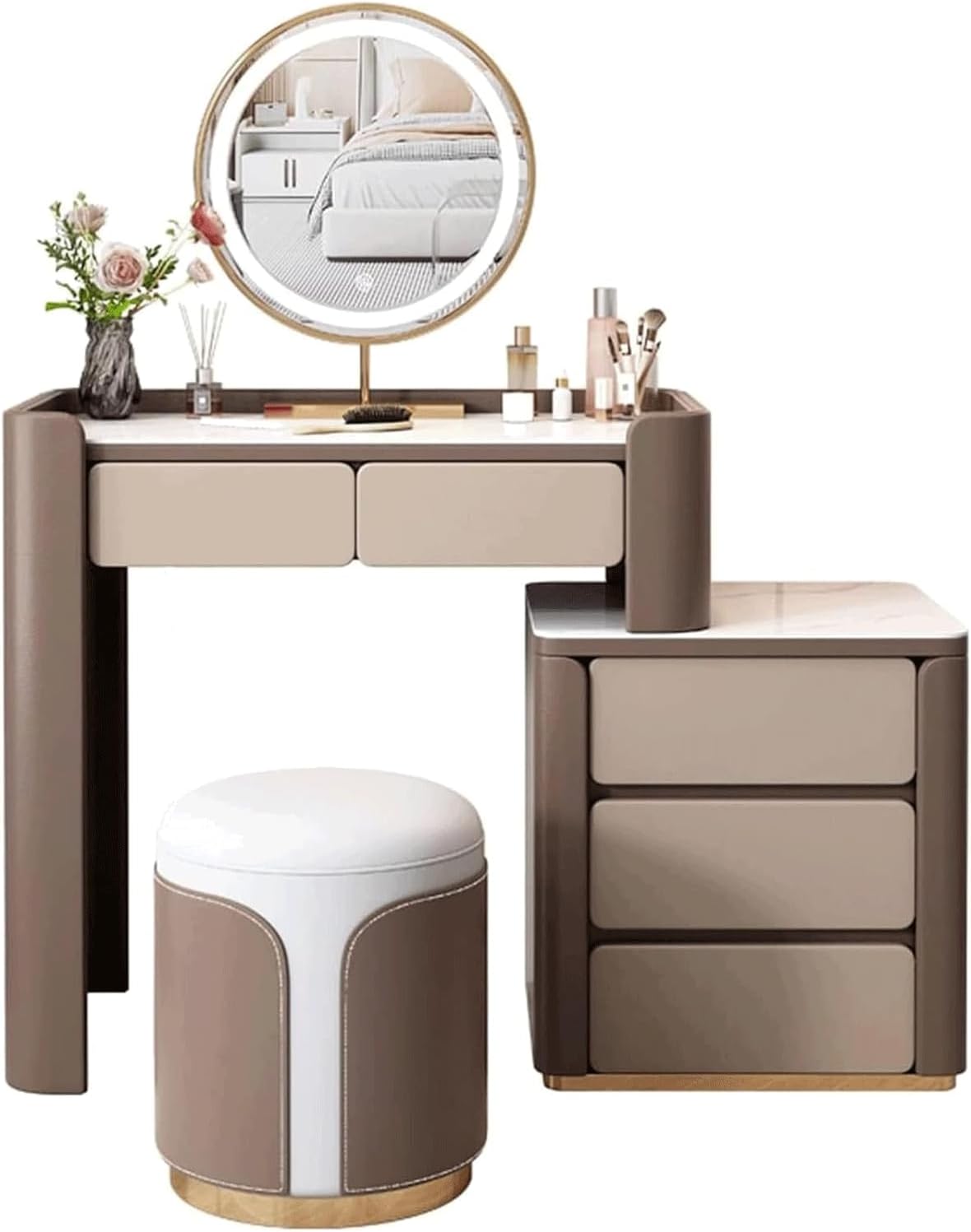 Vanity Desk Slate Desktop Vanity Set with Touch Screen Led Mirror Stable Dresser Stool and Movable Cabinet Dressing Table