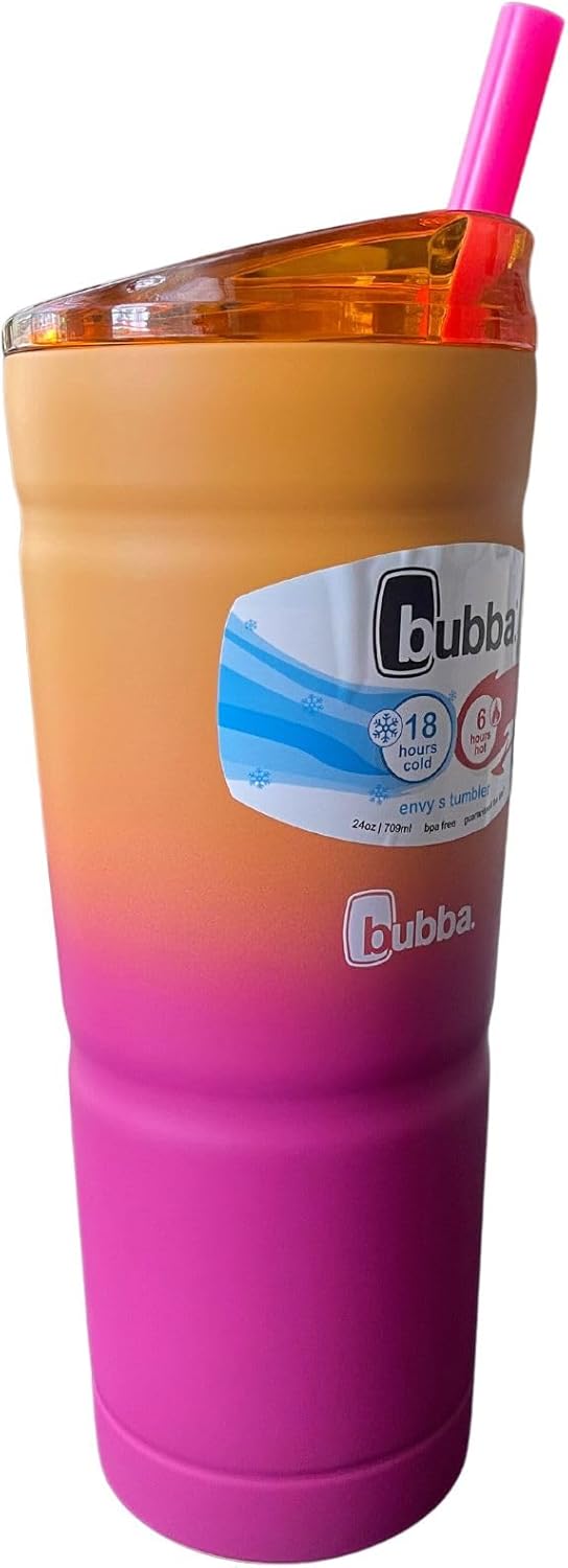 Bubba Envy S Tumbler, Vacuum Insulated Stainless Steel Tumbler with Lid and Straw, 24 oz Reuseable Drinking Cup, Iced Coffee and Water, BPA-Free, Travel Tumbler, Pink Ombre