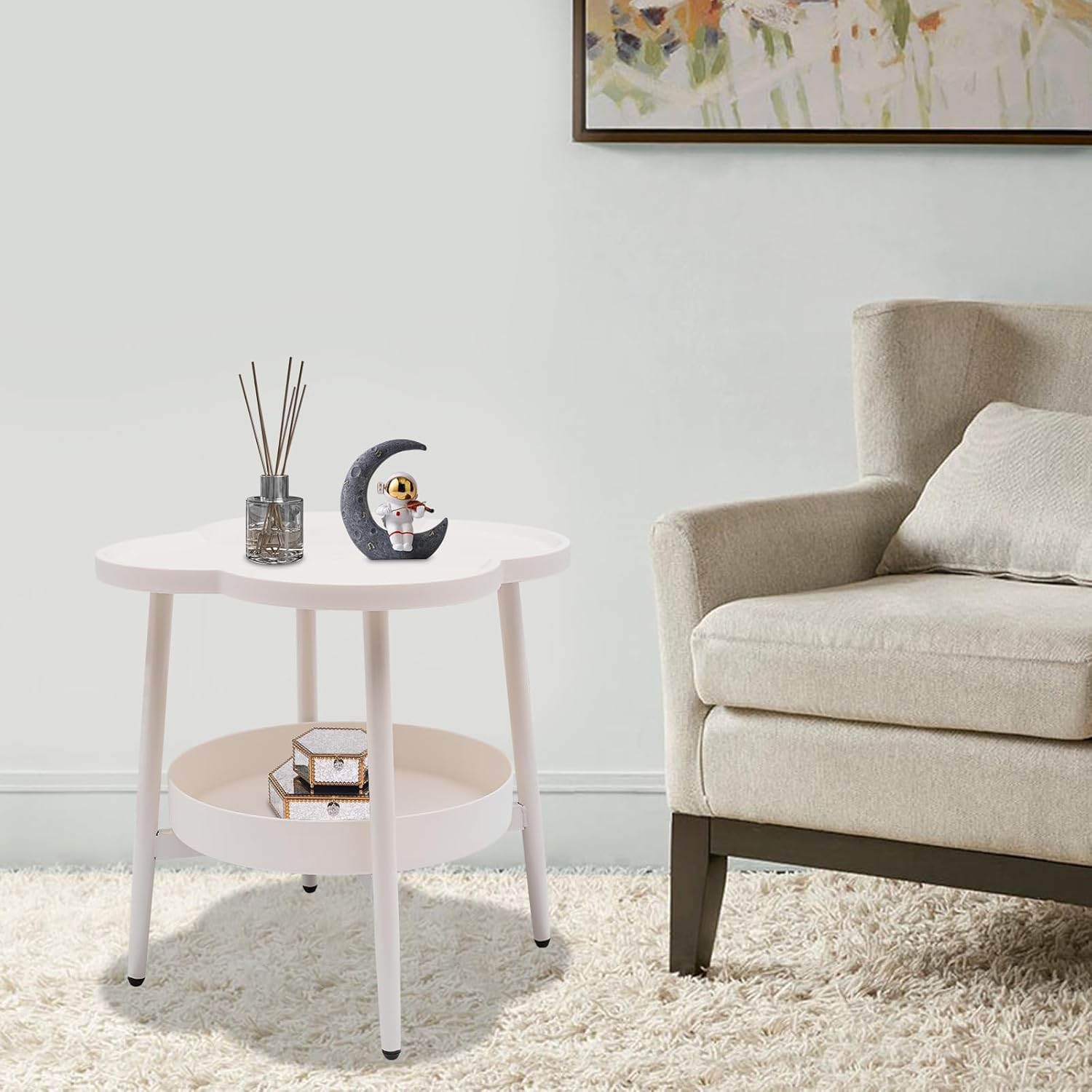 Modern End Table, Double Tier Sofa Side Snack Table, 20in Height Nightstand, 2 Layers Storage Shelf, Load 110lbs, Open Design, for Office Bedroom Hallway Study Room Apartment, Creamy White