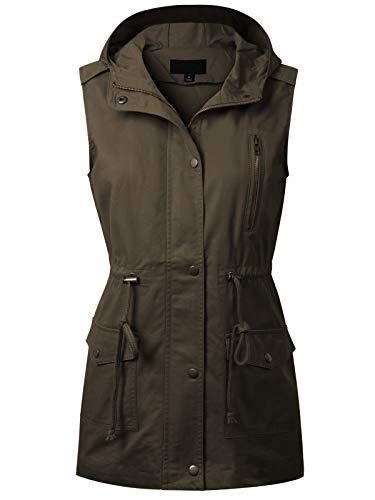 MixMatchy Women's Hooded Adjustable Drawstring Utility Pocket Anorak Safari Jacket Vest