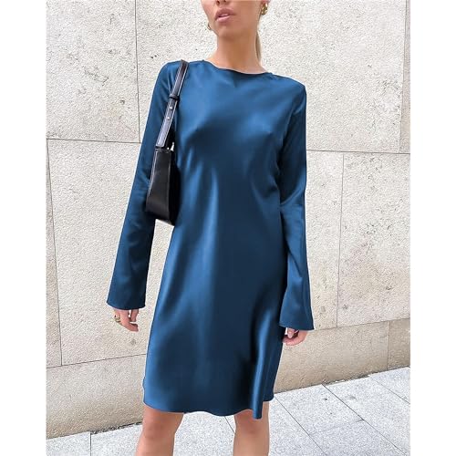Women'S Satin Cocktail Dresses Elegant Mock Neck Long Sleeve High Waist Dress Wedding Guest Party Mini Dresses