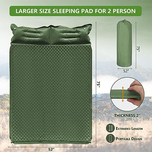 Double Sleeping Pad, 2in Camping Mattress 2 Person with Pillow, 5R Suede Insulated Self Inflating Camping Pad, Air Mattress Inflatable Sleeping Mat for Backpacking,Hiking(Khaki)