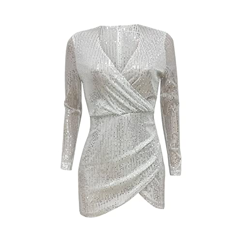 Cocktail Dresses for Women Long Sleeve Sequin Sexy Mini Dress Ruched Bodycon Sparkly Glitter Slit Party Formal Dress