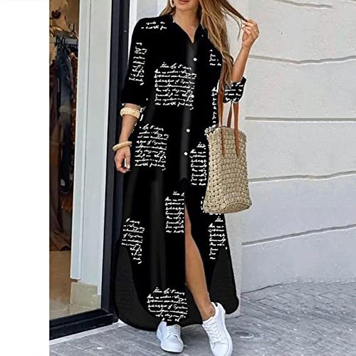 Summer Dresses with Long Sleeves Women's Fashion Lapel Buttons Sexy Slit Shirt Dress Women's Maxi Dresses with