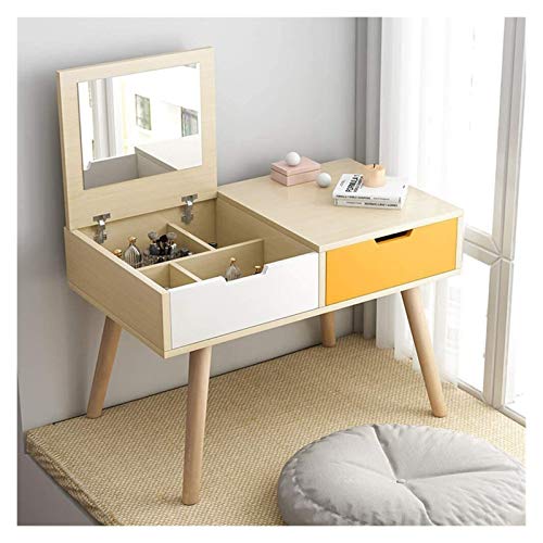 Luxury Dressing Vanity Table w/Stool for Bedroom, 2-in-1 Vanity Table with Flip Top Mirror Makeup Dressing Table Mini Writing Desk with Drawers(White Blue-a)