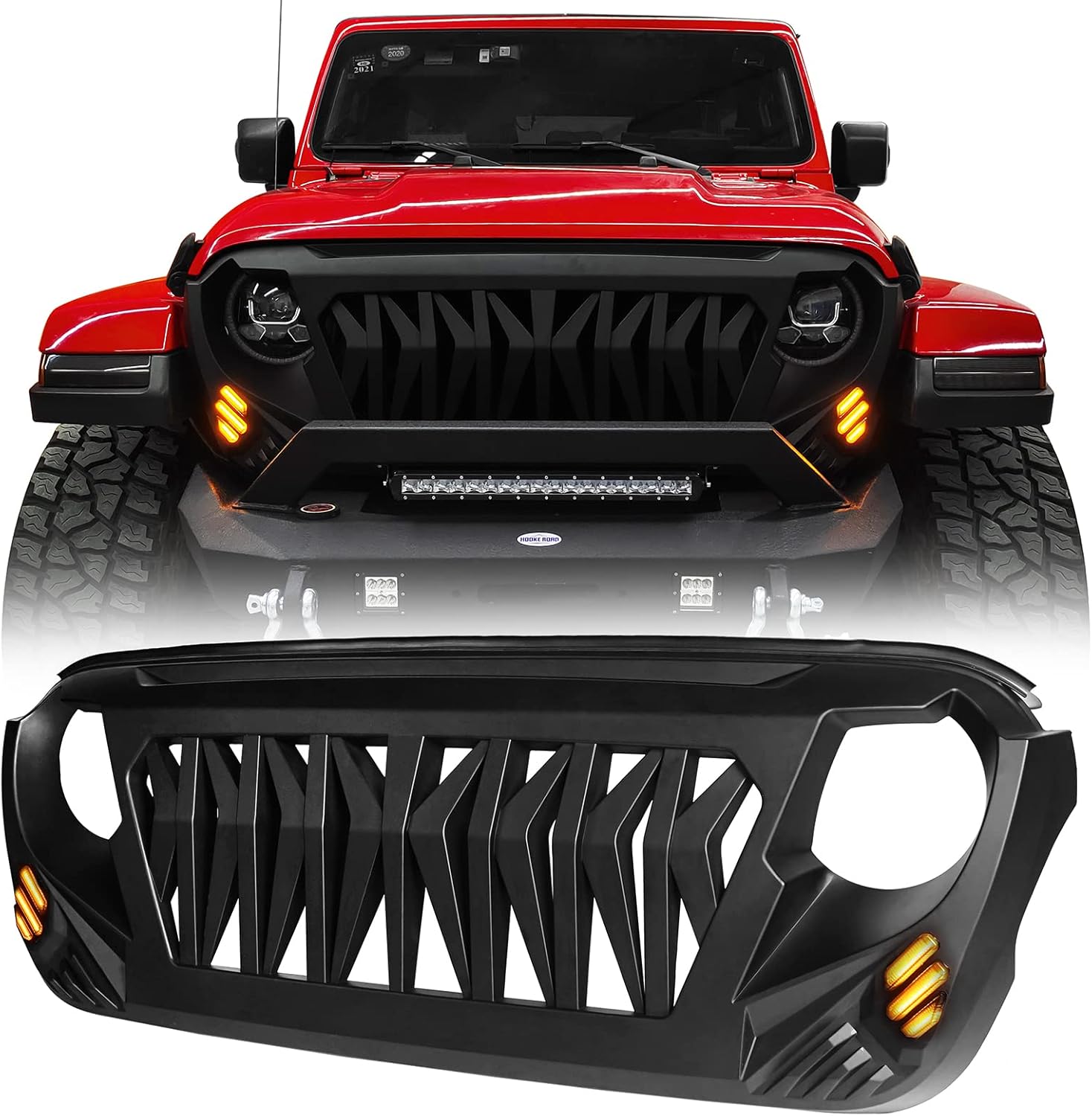 Hooke Road JL/JT Front Grill Cover Shark Grille Guard for Jeep Wrangler JL JLU & Gladiator JT 2018-2024 (Amber Signal Lights Included)