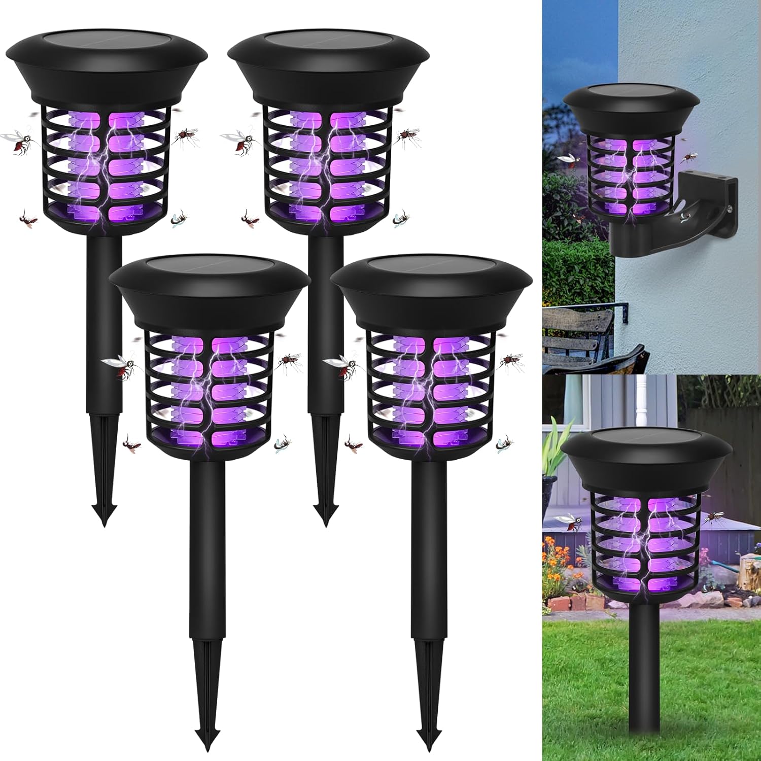 4 Pack Solar Bug Zapper Outdoor,Mosquito Zapper Outdoor Mosquito Killer for Bug Gnat Fly Small Flying Insect Mosquito Repellent for Patio Yard Garden Farm,Waterproof Bug Lights for Outside