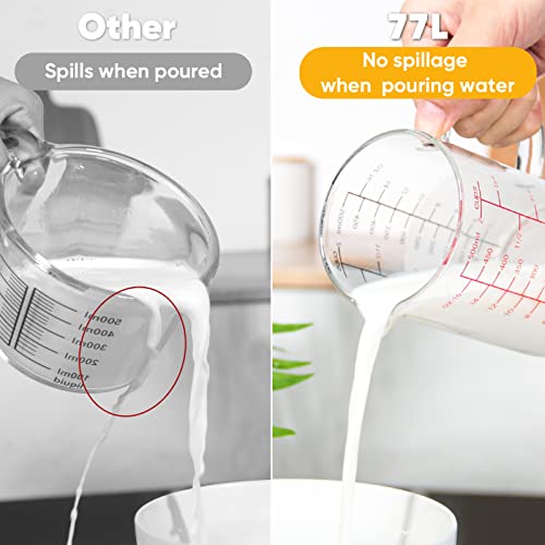 77L Glass Measuring Cup with Handle, [Double-Sided Measuring Scale, V-Shaped Spout, Insulated handle], High Borosilicate Glass Measuring Cup with Three Scales (OZ, Cup, ML) for Liquid (2 Cup)