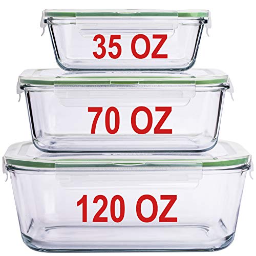 LARGE Glass Containers for Food Storage with Locking Lids Baking Dish Set 3 120 OZ/70 OZ/35 OZ Meal Storing Serving Leakproof Ovensafe