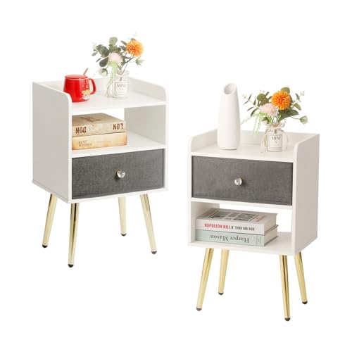 White Nightstand with Drawer, Bedside Table End Tables Living Room, Fabric Cabinet Storage with Sliding Drawers and Shelf for Home Office