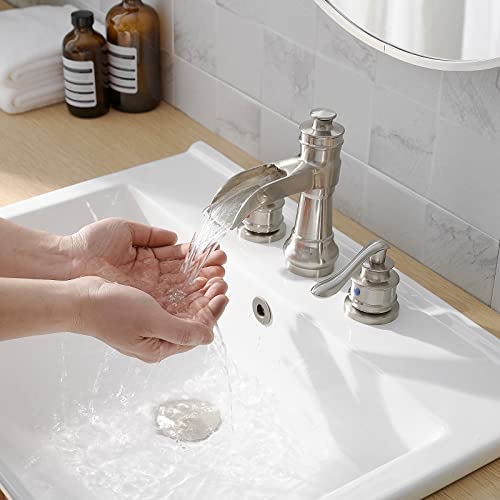 Widespread Bathroom Faucet 3 Hole Brushed Nickel Waterfall with Pop up Drain Assembly 2 Handle Sink Vanity Overflow Commercial Supply Line