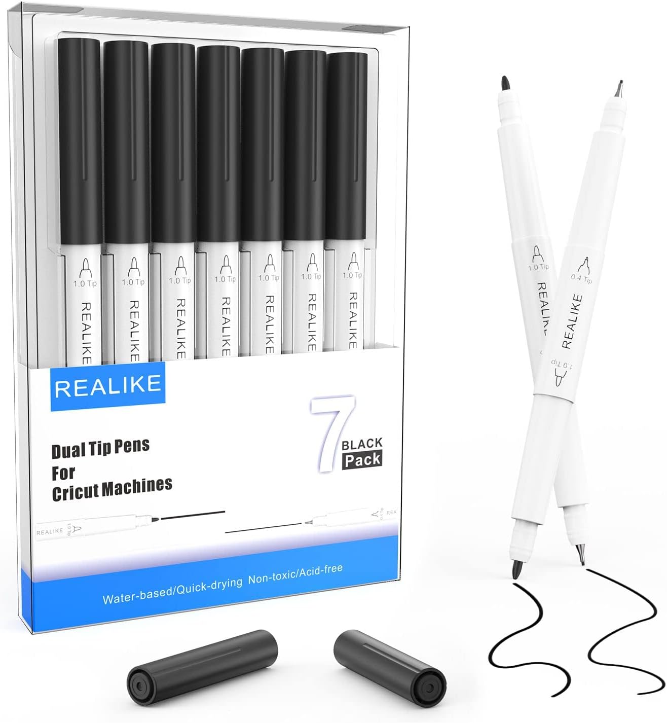 REALIKE Dual Tip Pens for Cricut Maker 3/Maker/Explore 3/Air 2/Air, Black Pens Set of 7 Pack Dual Tip Marker Fine Point Pen Writing Drawing Accessories for Cricut Machine (0.4 Tip & 1.0 Tip)