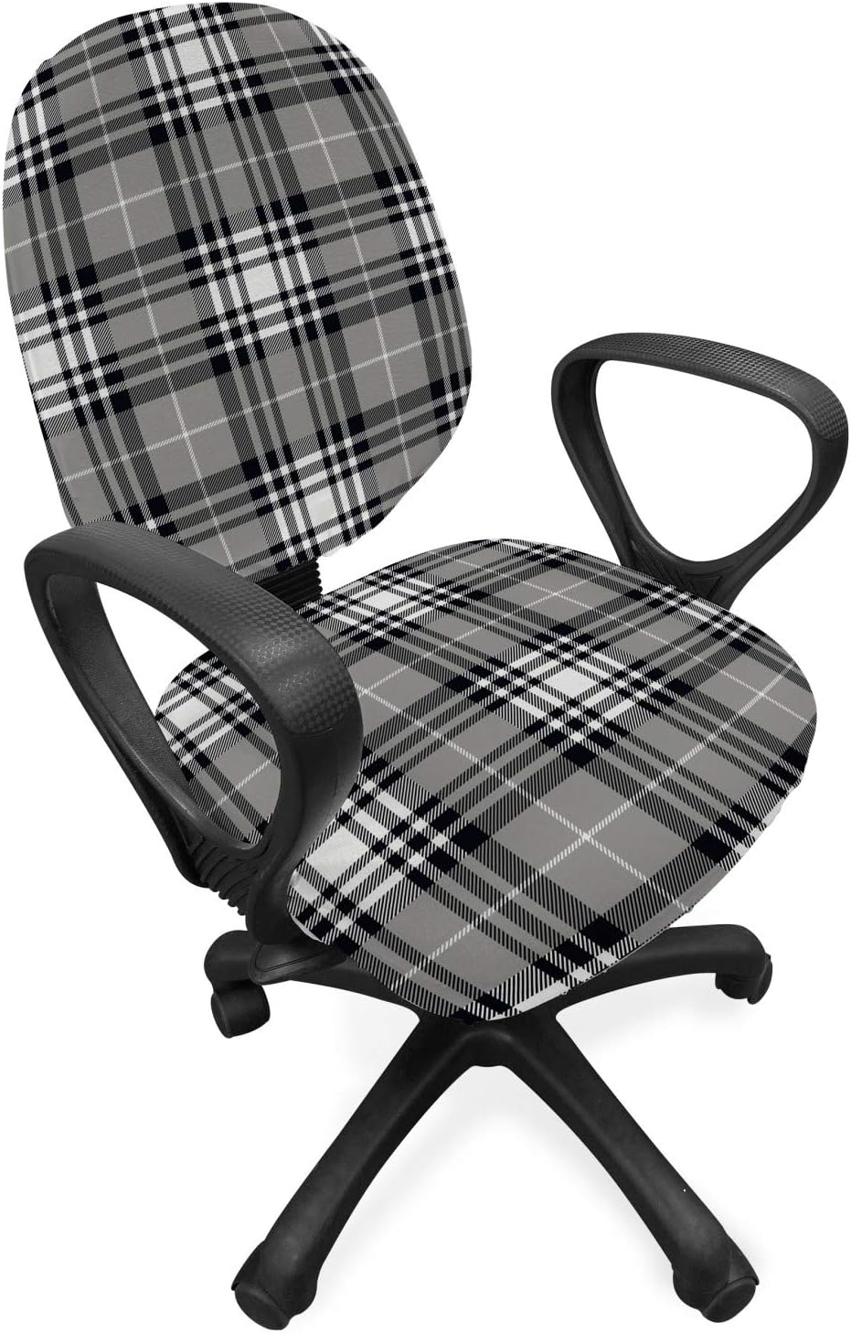 Ambesonne Checkered Office Chair Slipcover, Old Fashioned Plaid Tartan in Dark Colors Classic English Tile Symmetrical, Protective Stretch Decorative Fabric Cover, Grey Black White