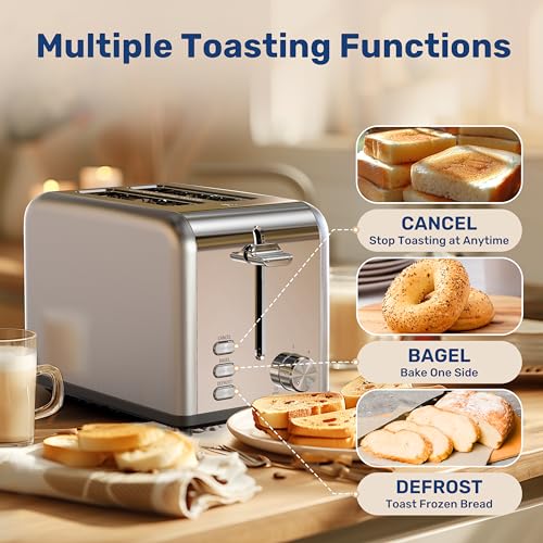 YSSOA 2-Slice Toaster with 6 Browning Setting and 3 Function, Extra Wide Slot & Removable Crumb Tray, Retro Stainless-Steel Style, for Bread & Waffle, Black