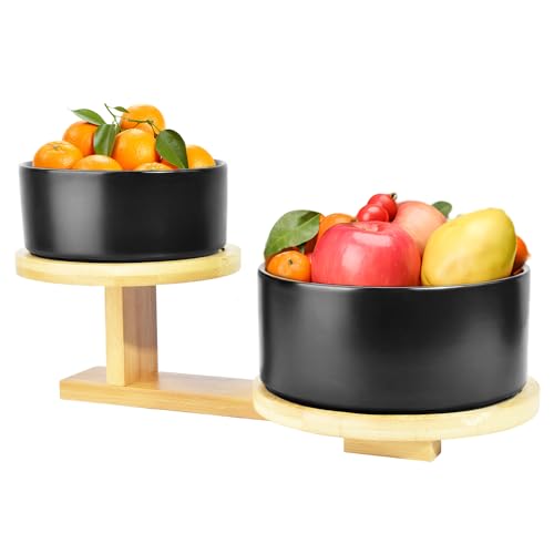Fruit Basket for Kitchen Counter,2 Tier Ceramic Fruit Bowl with Bamboo Wood Stand for Sushi, Dessert, Fruit, Vegetables, Appetizer, Cake, Candy, Chip Dip (White), large