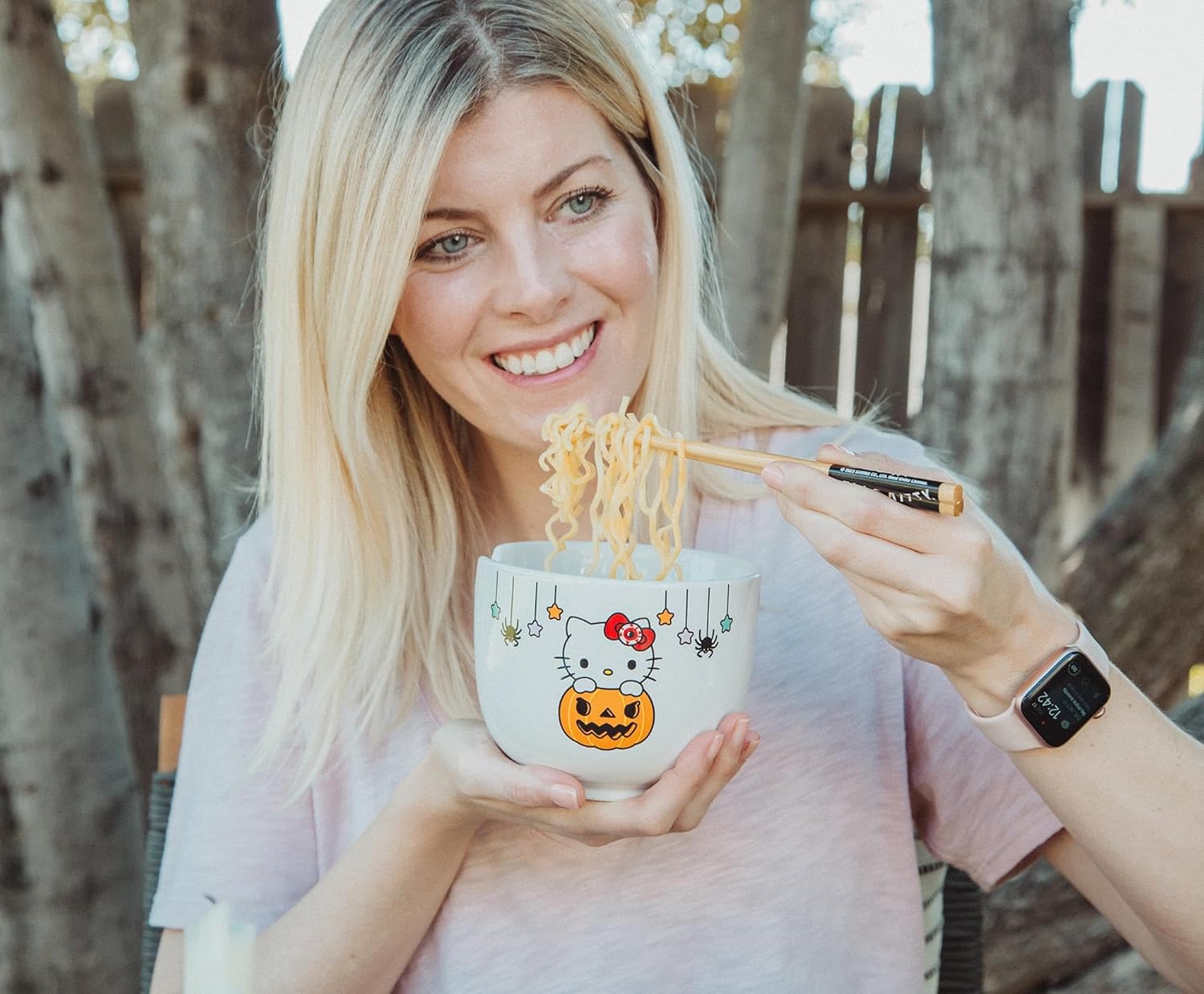 hello Sanrio Kitty Pumpkin Boo Ceramic Ramen Dinnerware Set | Includes 20-Ounce Noodle Bowl and Wooden Chopsticks