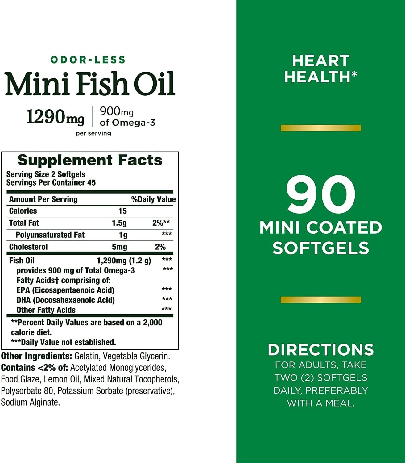 Nature's Bounty Mini Fish Oil Softgels 1290 mg, Omega-3, Supports Heart Health, Odor-Less, 90 Mini Coated Softgels - Pack of 2