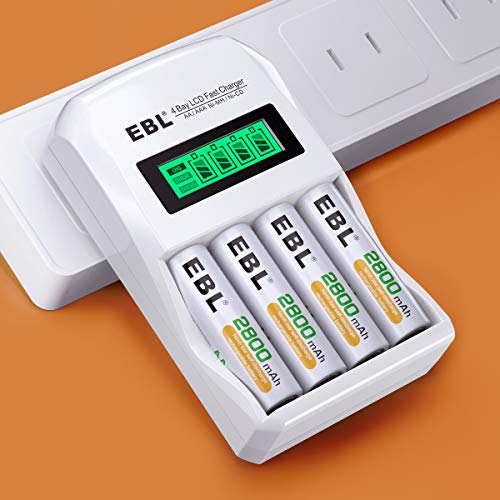 EBL Rechargeable AA Batteries with LCD Battery Charger, 8 Pack of 2800mAh High Capacity Ni-MH AA Rechargeable Battery and Smart Independent Solt Battery Charger