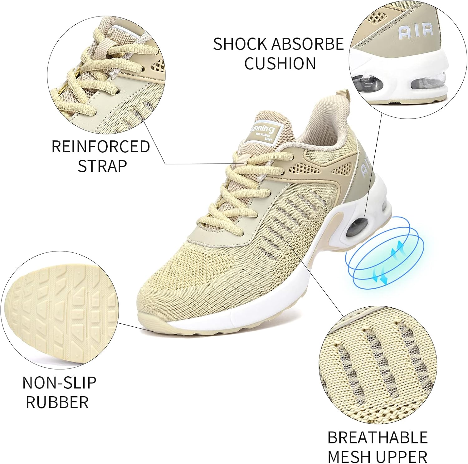 AKK Women Air Sneakers Running Shoes - Breathable Walking Shoes for Womens Mesh Sneakers Casual Tennis Shoes for Gym Workout Beige Size 7.5