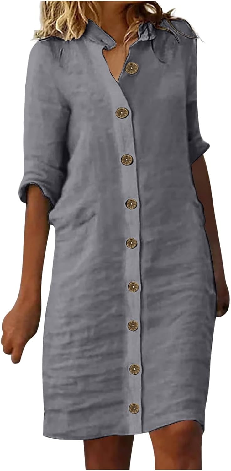 XJYIOEWT Floral Dress for Women Short,Women's Midi Skirt Shirt Dress Button 45293 Sleeve Lapel Casual