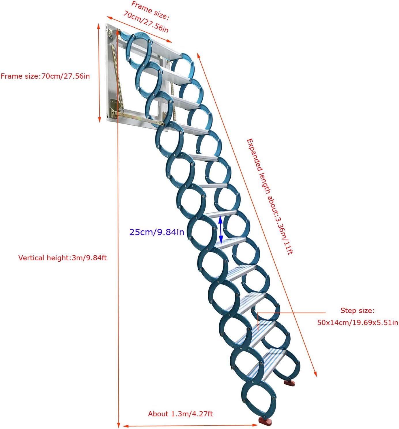 INTBUYING 12 Pedals Blue-white Loft Large Wall Ladder, Wall Mounted Attic Extension Folding Stair Al-Mg Alloy Material Max 9.8 ft Vertial Height with Two Armrests and Long Pull Rod