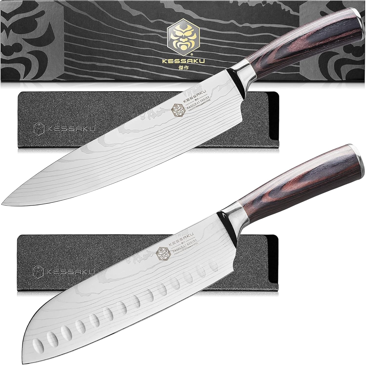8-Inch Chef & 7-Inch Santoku Knife Set - Samurai Series - Forged High Carbon 7Cr17MoV Stainless Steel - Pakkawood Handle with Blade Guards