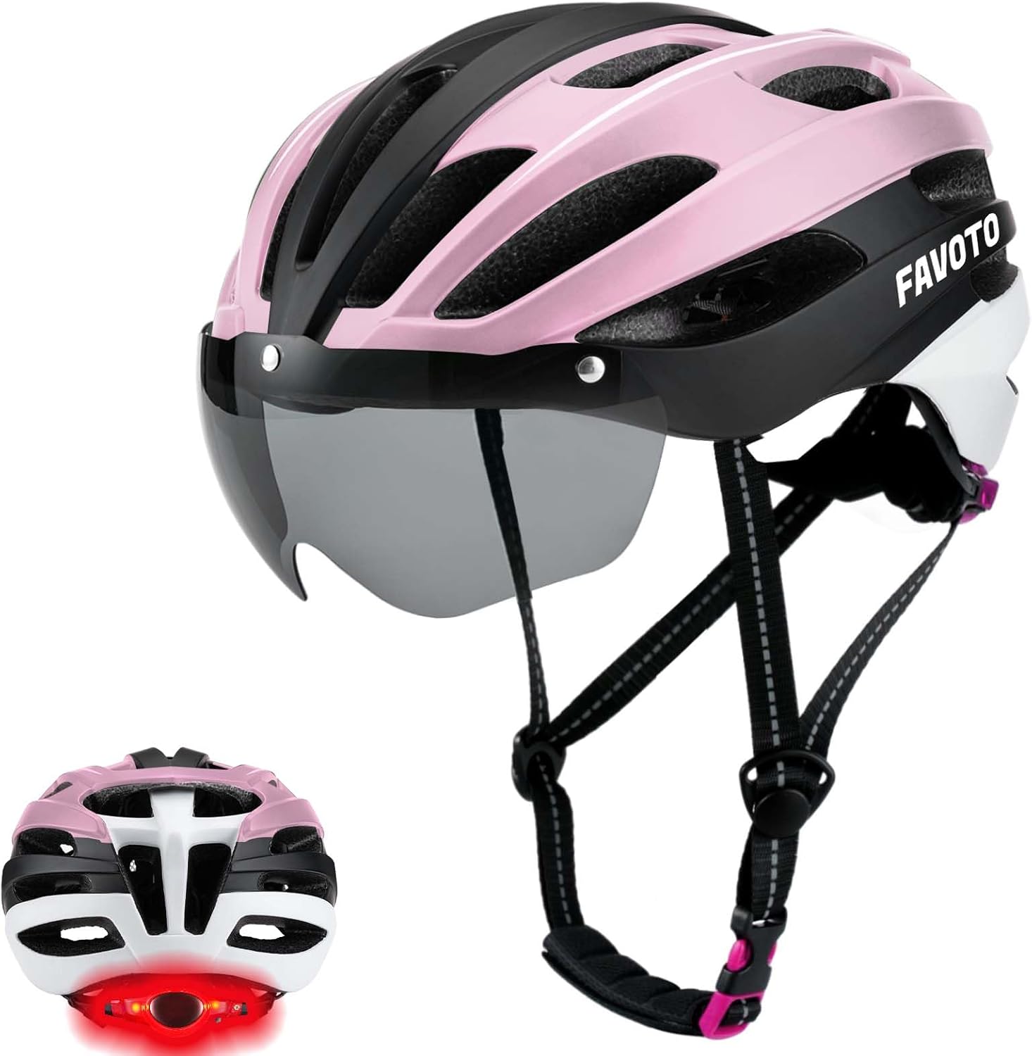 Favoto Bike Helmet with Light - Bicycle Helmet with Removable Magnetic Goggles and USB Rechargeable Taillight Mountain and Road Cycling Helmets for Men and Women