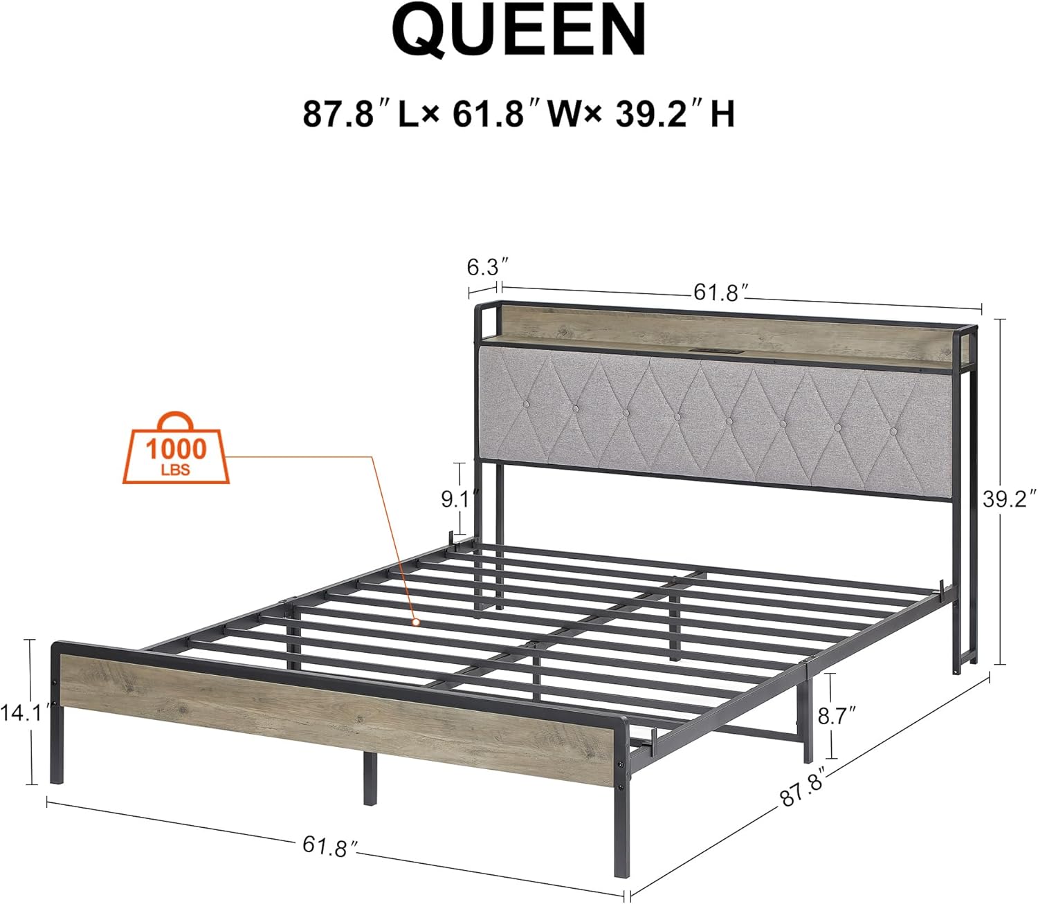 Queen Size Frame Metal with Charging Station, 2-Tier Storage Shelf Upholstered Headboard, Space-Save Design Platform Bed Steel Slat High Capacity Up to 1000 LBS, No Box Spring Needed, Grey