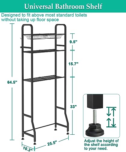 Over The Toilet Storage Shelf for Bathroom, 3-Tier above Toilet Rack Bathroom Organizer with Adjustable Shelves and Hanging Hooks, Easy to Assemble & Space Saving, Black