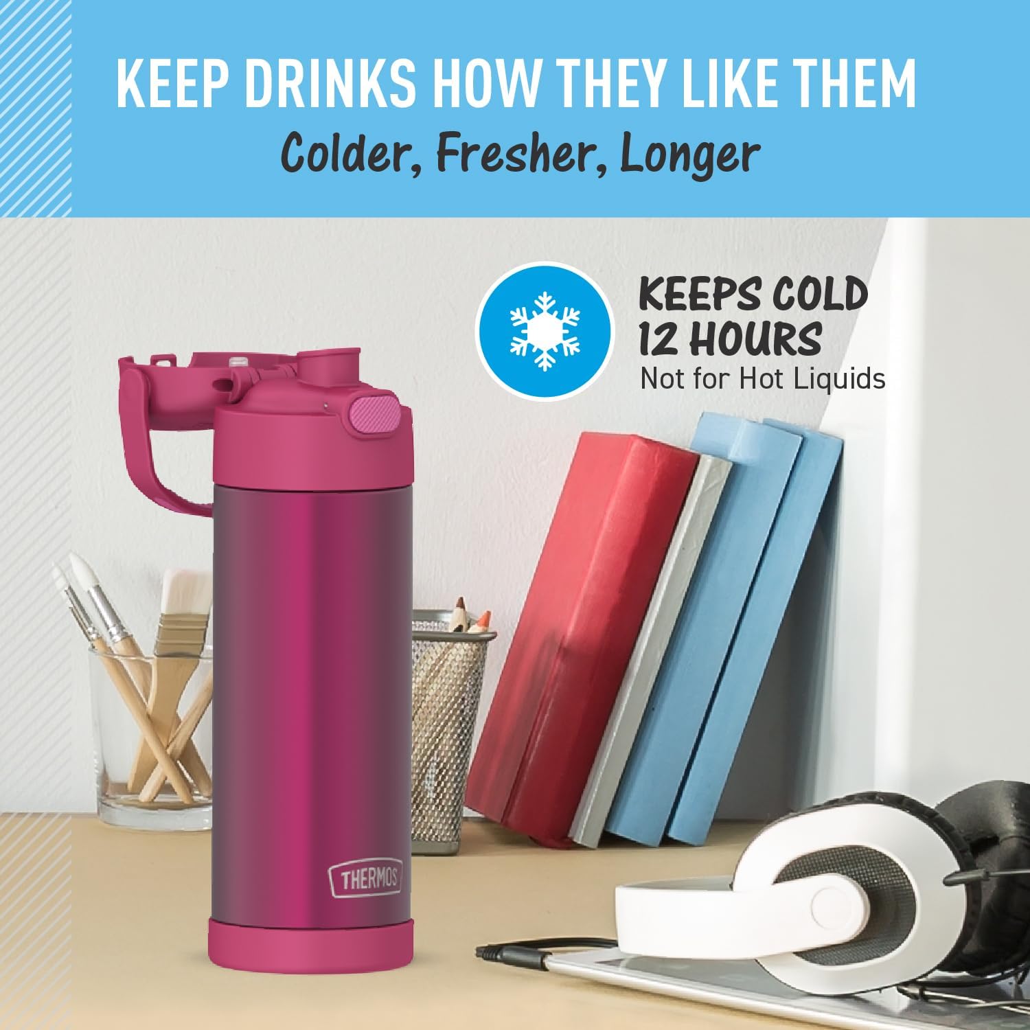 THERMOS FUNTAINER 16 Ounce Stainless Steel Vacuum Insulated Bottle with Wide Spout Lid, Dark Pink