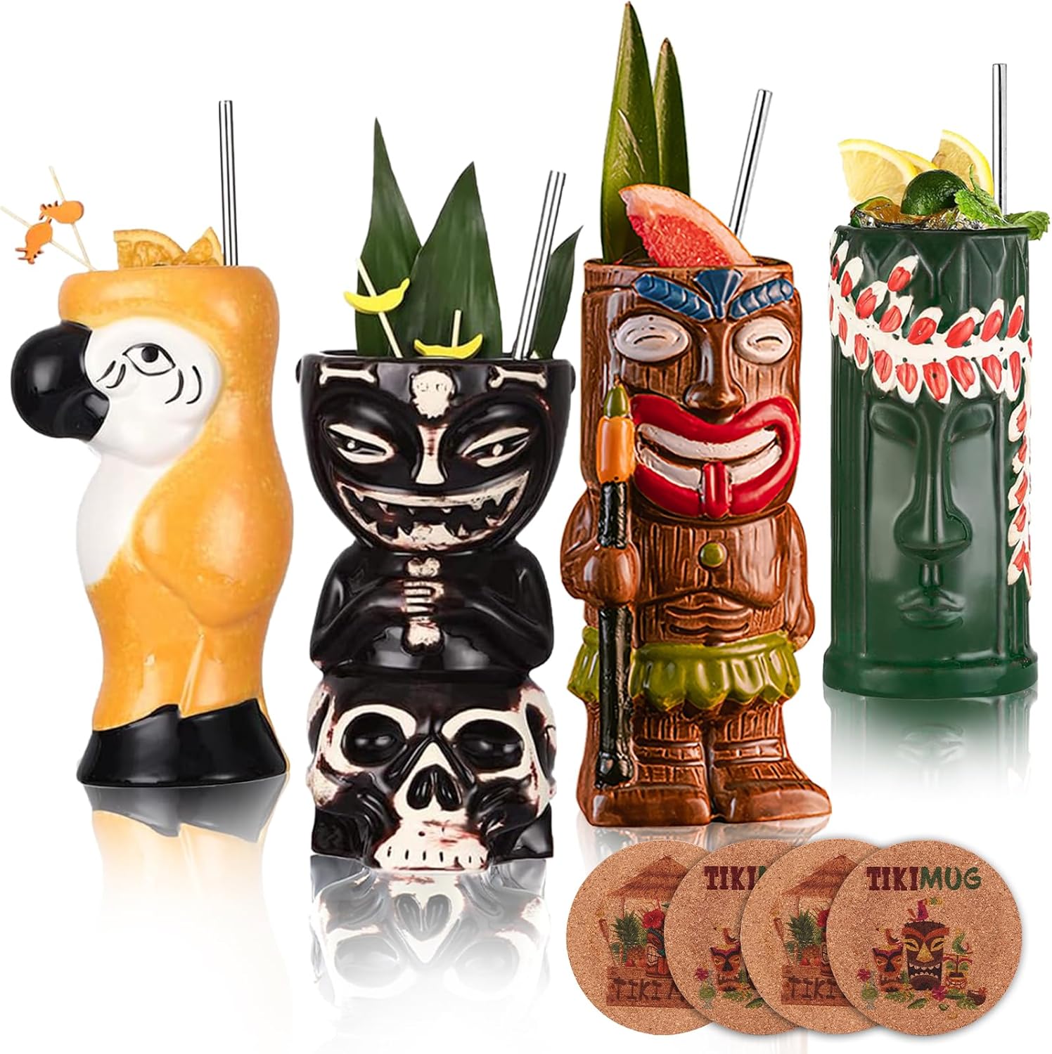 Tiki Mugs for Cocktail Set of 4 - Ceramic Tiki Glasses with Straws and Coasters? Exotic Cocktail Glasses for Hawaiian Party,Tropical Drinkware for Mai Tai, Luaus, and Tiki Bars.
