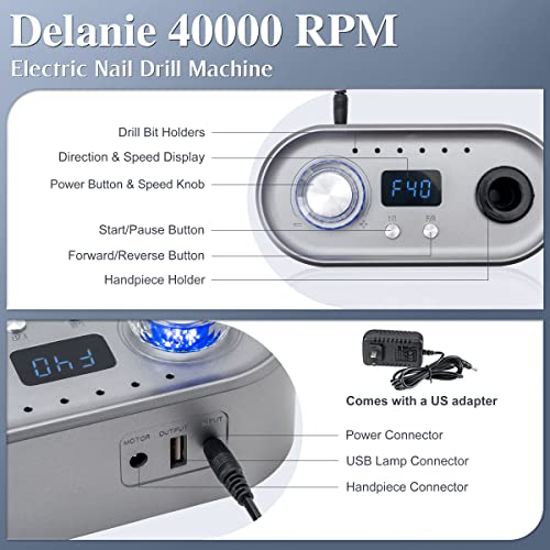 Delanie 40000 RPM Nail Drill Machine for Acrylic Nails Gel Nails, Professional Electric Nail File E File with Light Lamp Manicure Tool, Gray