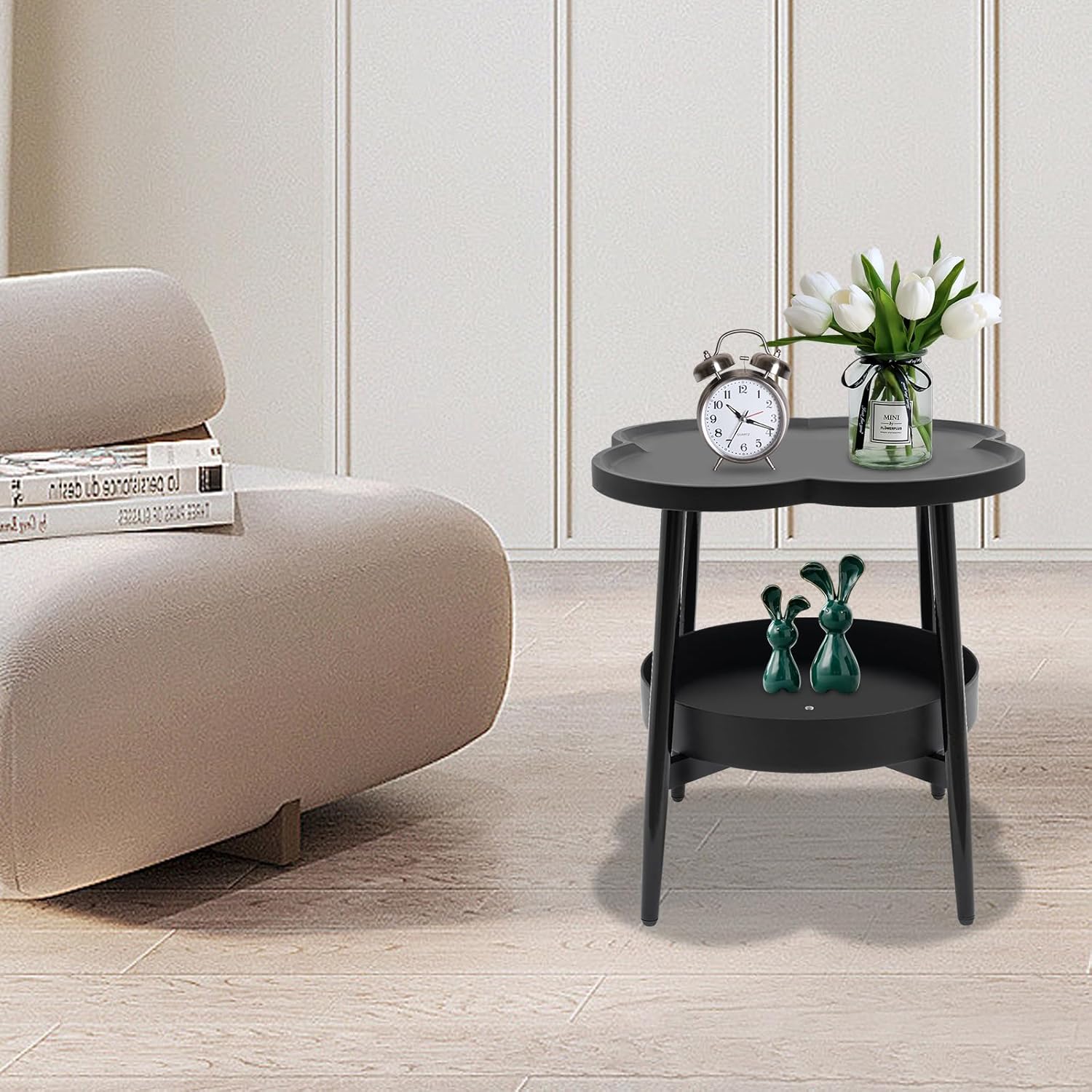 Modern End Table, Double Tier Sofa Table, Accent Side Table, 20in Height Nightstand, 2 Layers Storage Shelf, Load 110lbs, Open Design, for Office Bedroom Hallway Study Room Living Room, Black