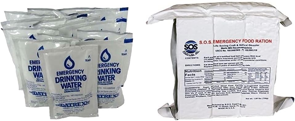 Emergency Water Packet 4.227 oz - 3 Day/72 Hour Supply (18 Packs), White & S.O.S. Rations Emergency 3600 Calorie Food Bar (Cinnamon + Coconut, 2 Pack)
