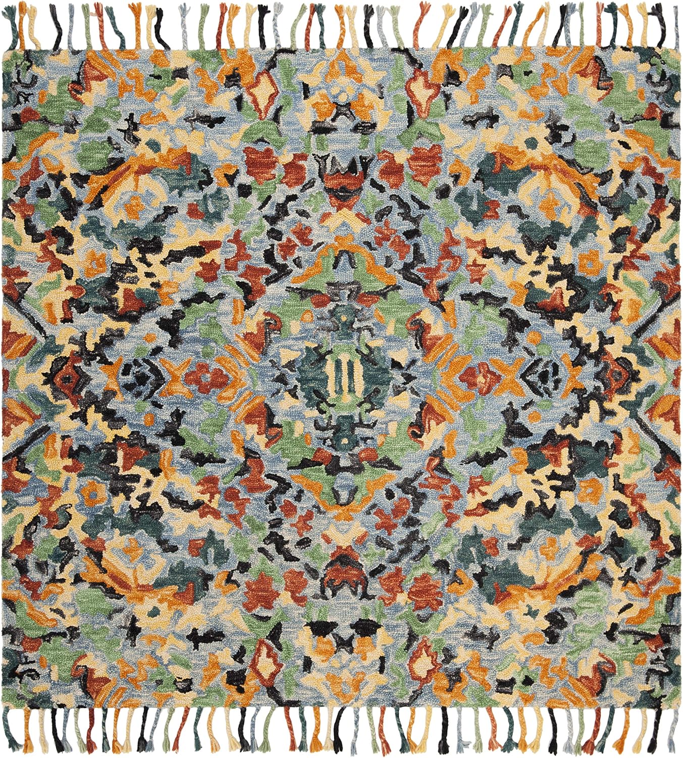 SAFAVIEH Blossom Collection Area Rug - 10' Square, Blue & Multi, Handmade Tassel Wool, Ideal for High Traffic Areas in Living Room, Bedroom (BLM452A)