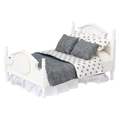 Dollhouse furniture mini bed set, realistic bedroom accessories for 6 inch dolls, pillow, wooden frame, 1/12 scale (White bed, pink bedding)