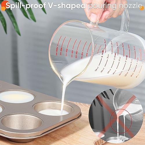 2 Cup Glass Measuring Cup with Handle, 77L High Borosilicate Glass Measuring Cup with V-Shaped and Three Scales (Cup, OZ, ML), Glass Liquid Beaker with Silicone Base, Double-Sided Measure Scales