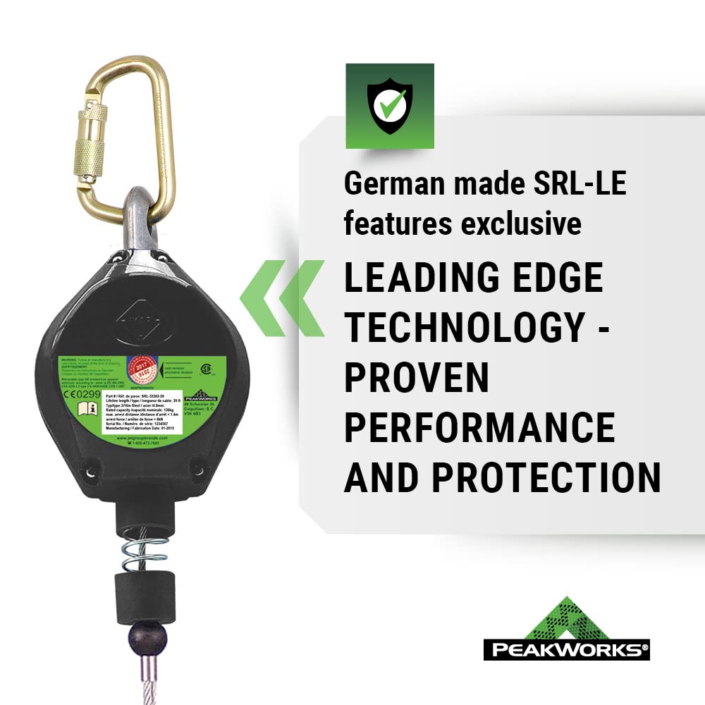 PEAKWORKS Fall Protection Safety Lifeline, Self Retracting (SRL) Cable, 20 ft Vertical and Horizontal Cable, Galvanized Steel Snap Hook Harness for Climbing, Rescue, Hunting, Roofing, V845533020LE