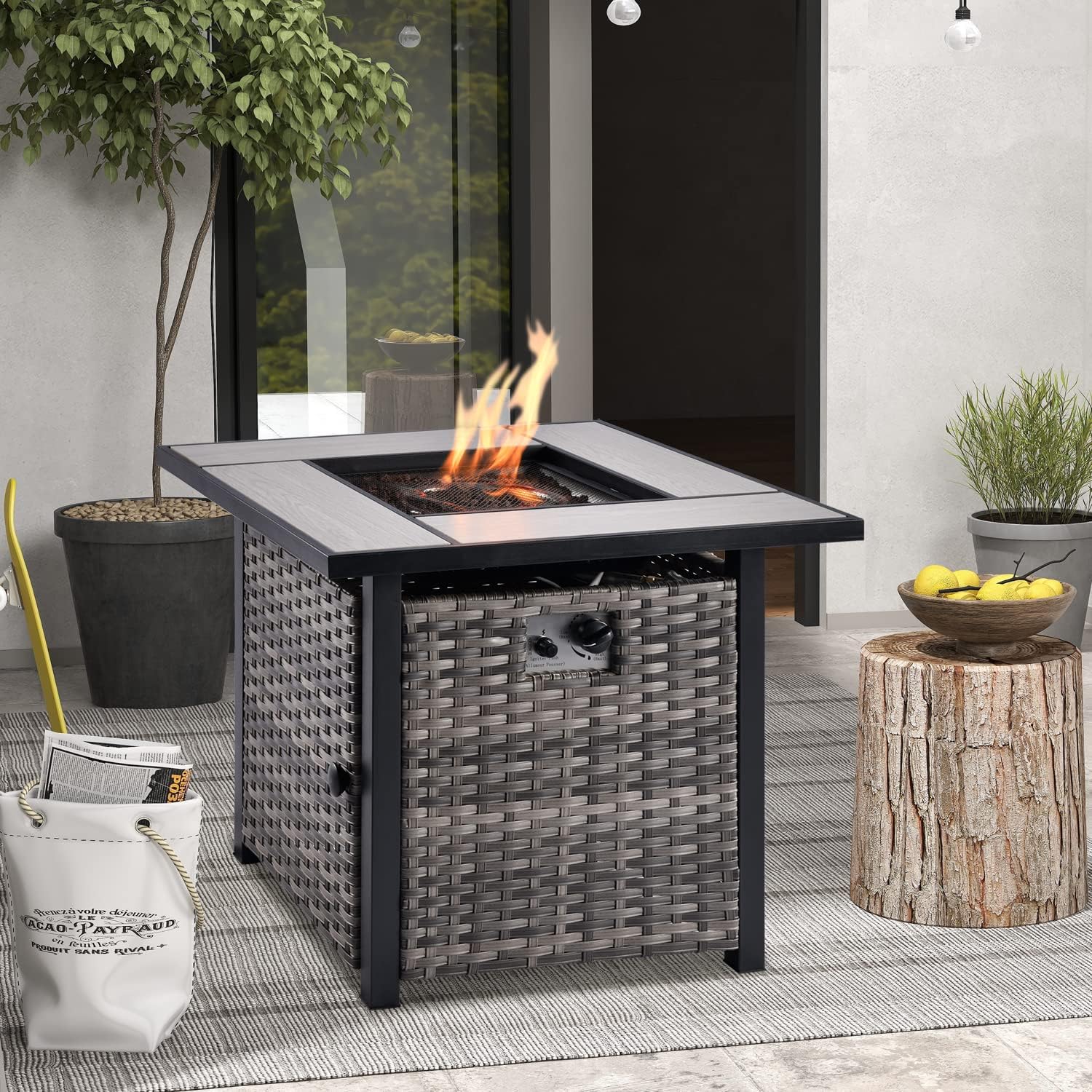 ovios Fire Pit Table 30 inch Outdoor Square Gas Fire Table with Lid, 50,000 BTU, Propane Fire Pit Table Wicker Rattan Patio Dinning Table for Yard Garden Porch, Grey Wicker