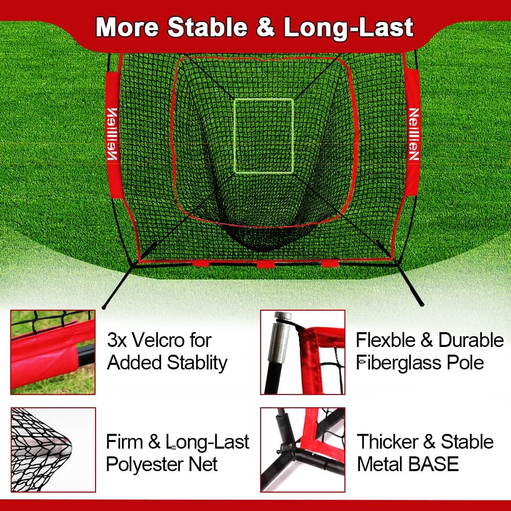 7'×7' Baseball Softball Practice Net Strike Zone Hitting Batting Catching Pitching Training Net with Batting Tee Baseball nets for Batting and Pitching (Red net +Tee+1 Balls)