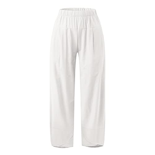 Women's Cotton Linen Summer Print Pant Trousers Elastic Waist Wide Leg Slim-Fit Palazzo Lounge Pants Business Work