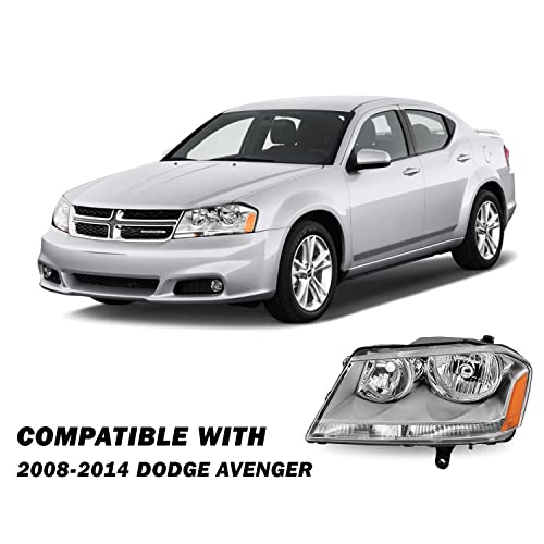Headlight Assembly Fit for 2008-2014 Dodge Avenger Driver and Passenger Side Black Housing with Amber Reflector with High/Low Beam Bulbs
