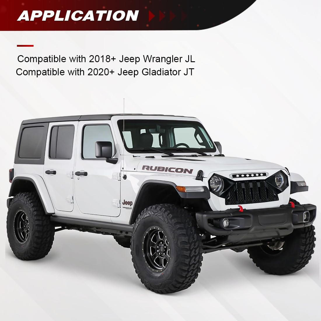 Front Grill Demon Grille Compatible with Jeep 2018+ Wrangler JL and 2020+ Gladiator JT Models, with Offroad Lights (White Black)