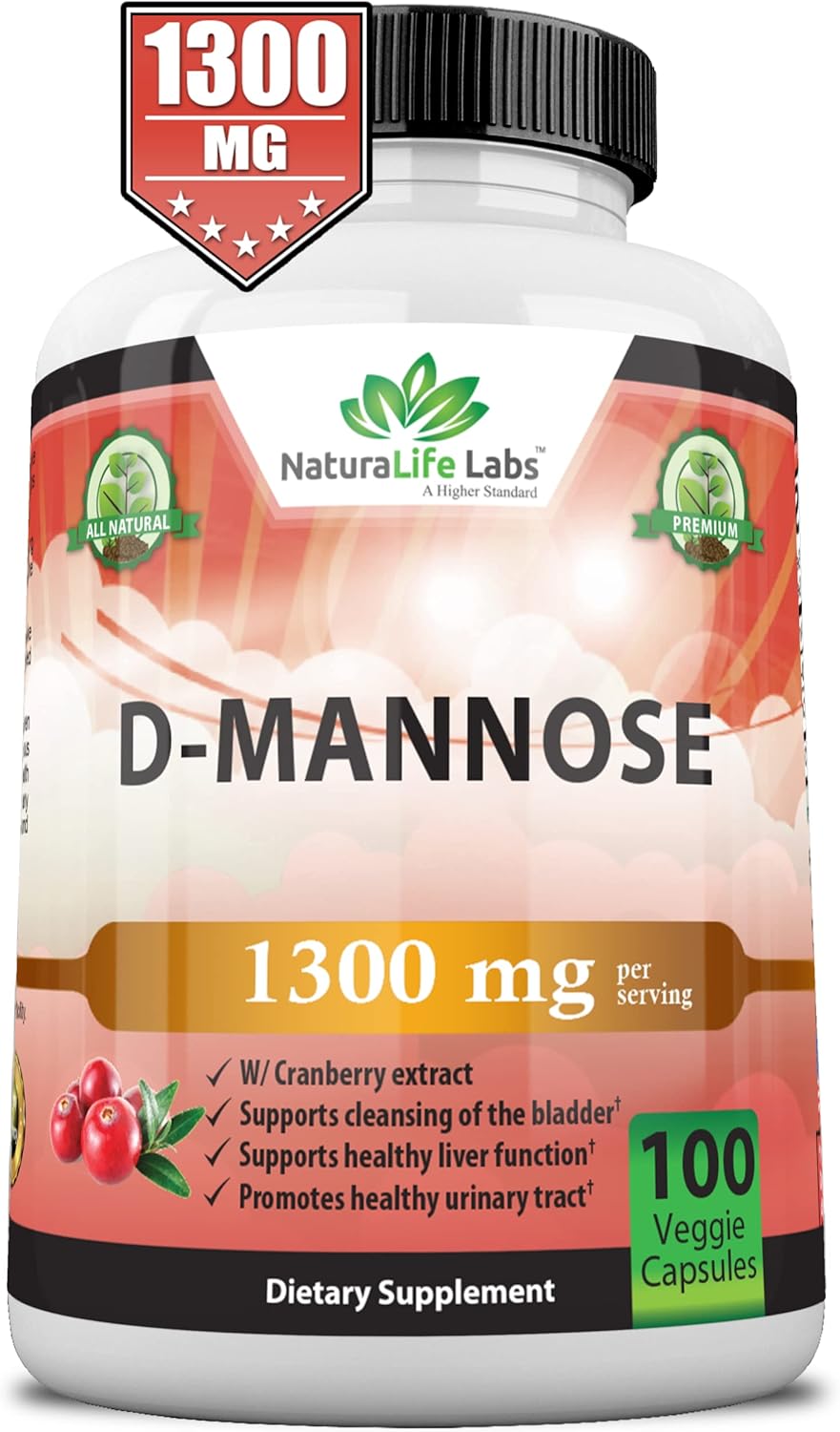 D-Mannose 1,300 mg with Cranberry Extract Fast-Acting, Flush Impurities, Urinary Tract Health- 100 Veggie Capsules