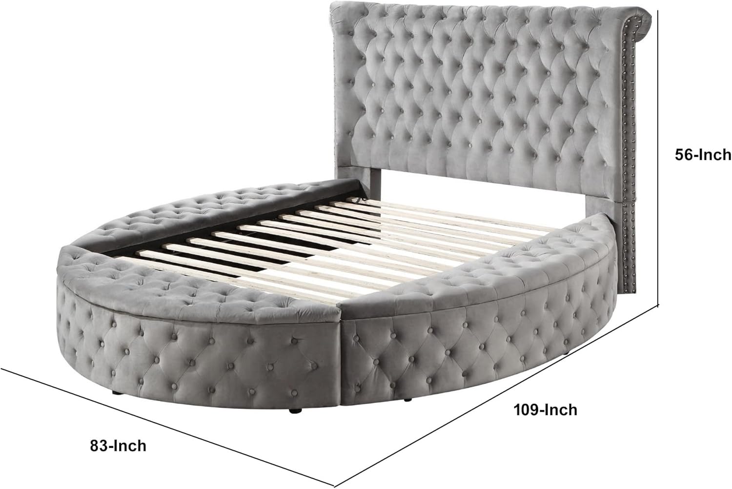 Benjara Luxury Queen Bed, Tall Rolled Headboard, Velvet Upholstered, Storage, Gray