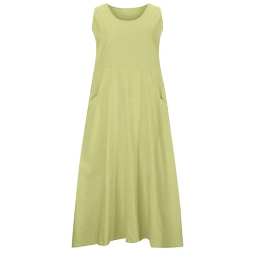 Womens Sun Dress Summer Women Solid Color Round Neck Sleeveless Pocket Comfortable Casual Skirt Long Tank Top Dress