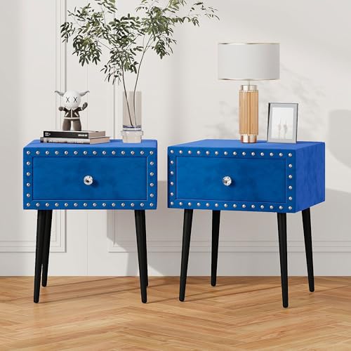Modern Nightstand Set of 2 with Drawers and Crystal Handles Elegant Studded Velvet Design Wood Frame End Table/Side Table/Sofa Table for Bedroom Living Room Study Room (Blue)