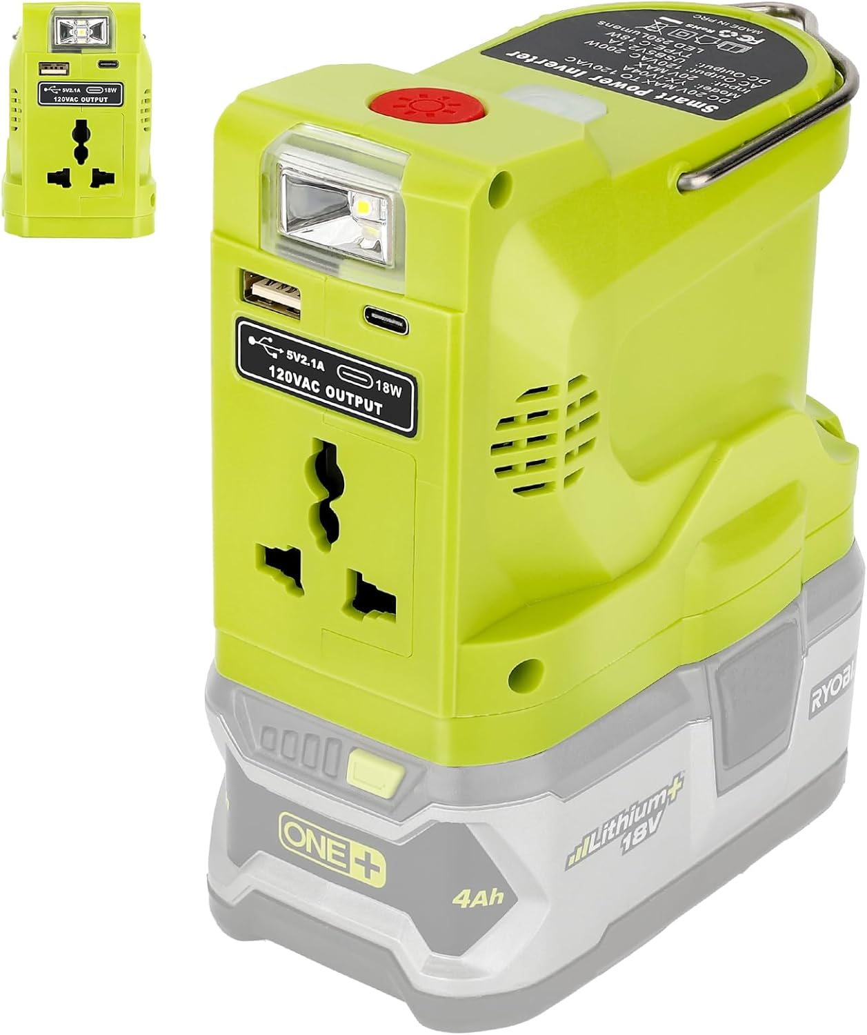 WaxPar 200W Power Inverter Compatible with Ryobi One+ 18V Battery DC 20V to AC 110~120V Outdoor Generator with AC Outlet, LED Light, USB Port, Type C Port Modified Sine Wave Power Inverter