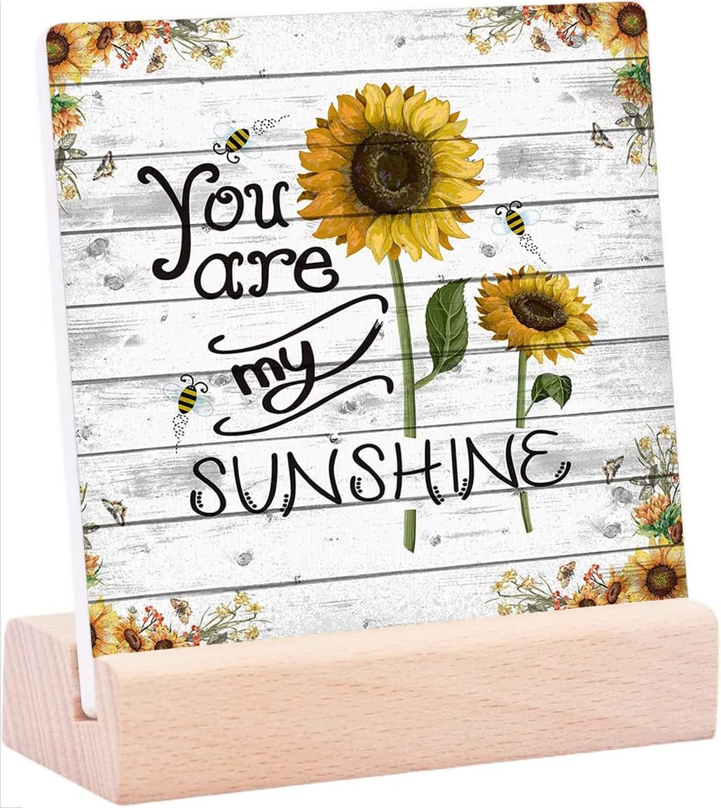 Ceramic Table Plaque with Wooden Stand Desk Decorations- Vintage Sunflower Bee You are My Sunshine Tabletop Sign Desk Decorations for Home Office Bedroom Family Decor